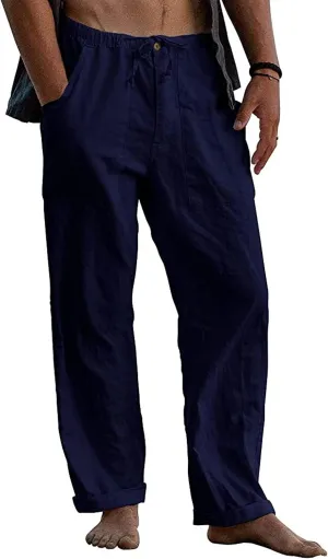 Mens Linen Pants Yoga Casual Elastic Waist Drawstring Baggy Trousers Summer Beach Pants for Men with Pockets