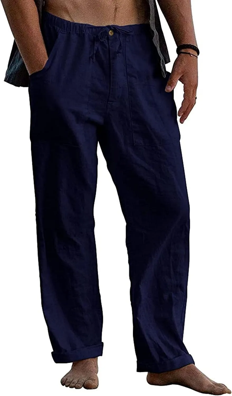 Mens Linen Pants Yoga Casual Elastic Waist Drawstring Baggy Trousers Summer Beach Pants for Men with Pockets
