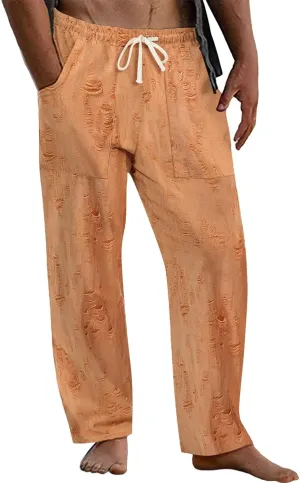 Men's Ripped Casual Pants Outdoor Trendy Distressed Pants Summer Loose Open Bottom Slacks Drawstring Waist Trousers