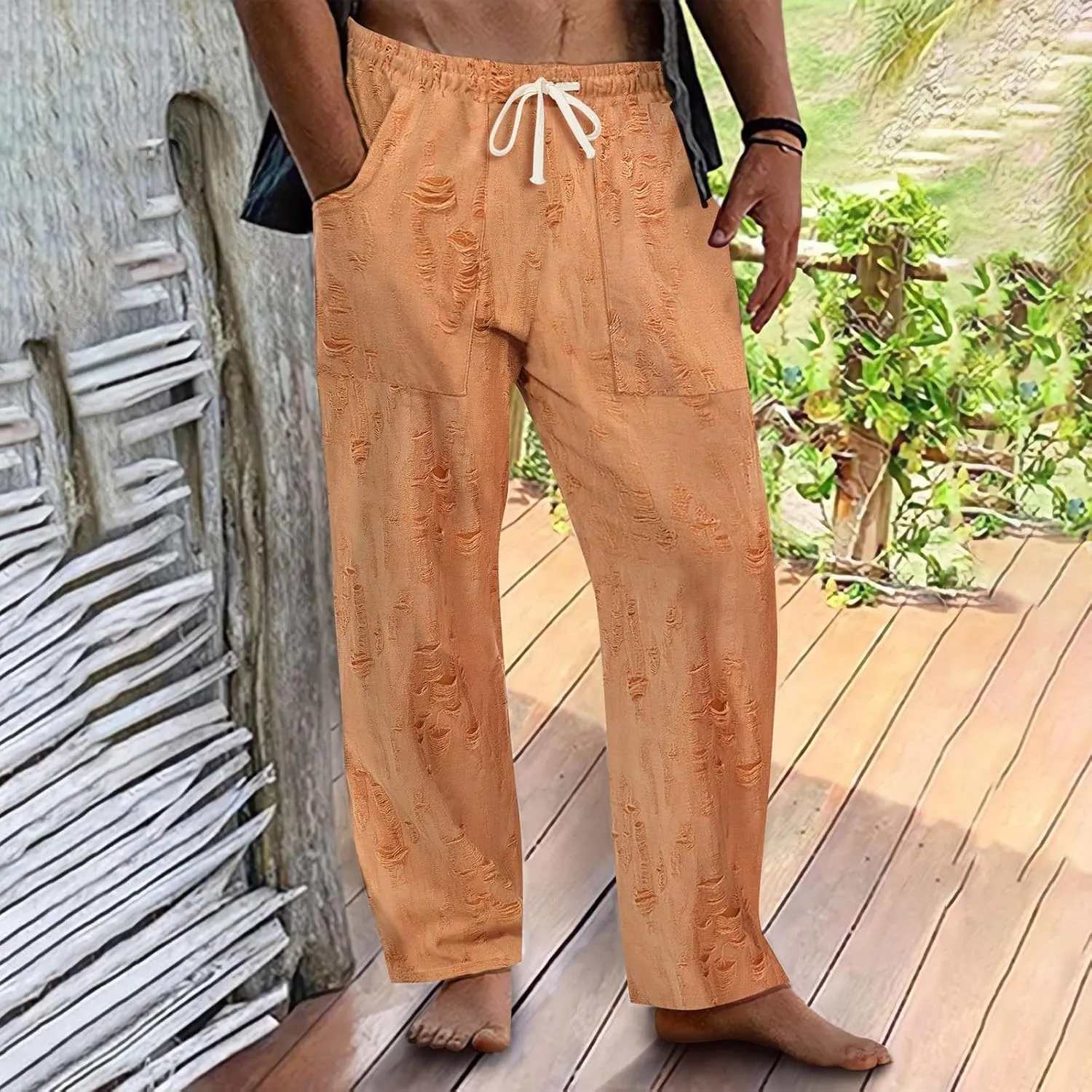 Men's Ripped Casual Pants Outdoor Trendy Distressed Pants Summer Loose Open Bottom Slacks Drawstring Waist Trousers