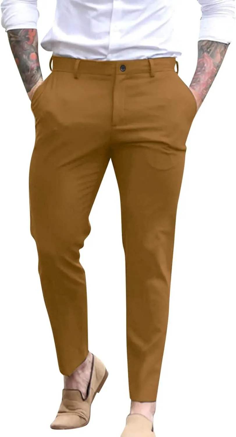 Mens Slim Fit Dress Pants Expandable Waist Casual Business Office Work Skinny Pants Comfy Flat-Front Stretch Chino Golf Trousers Slacks Tapered Leg Suit Pants Pantalones de Vestir para Hombre Yellow