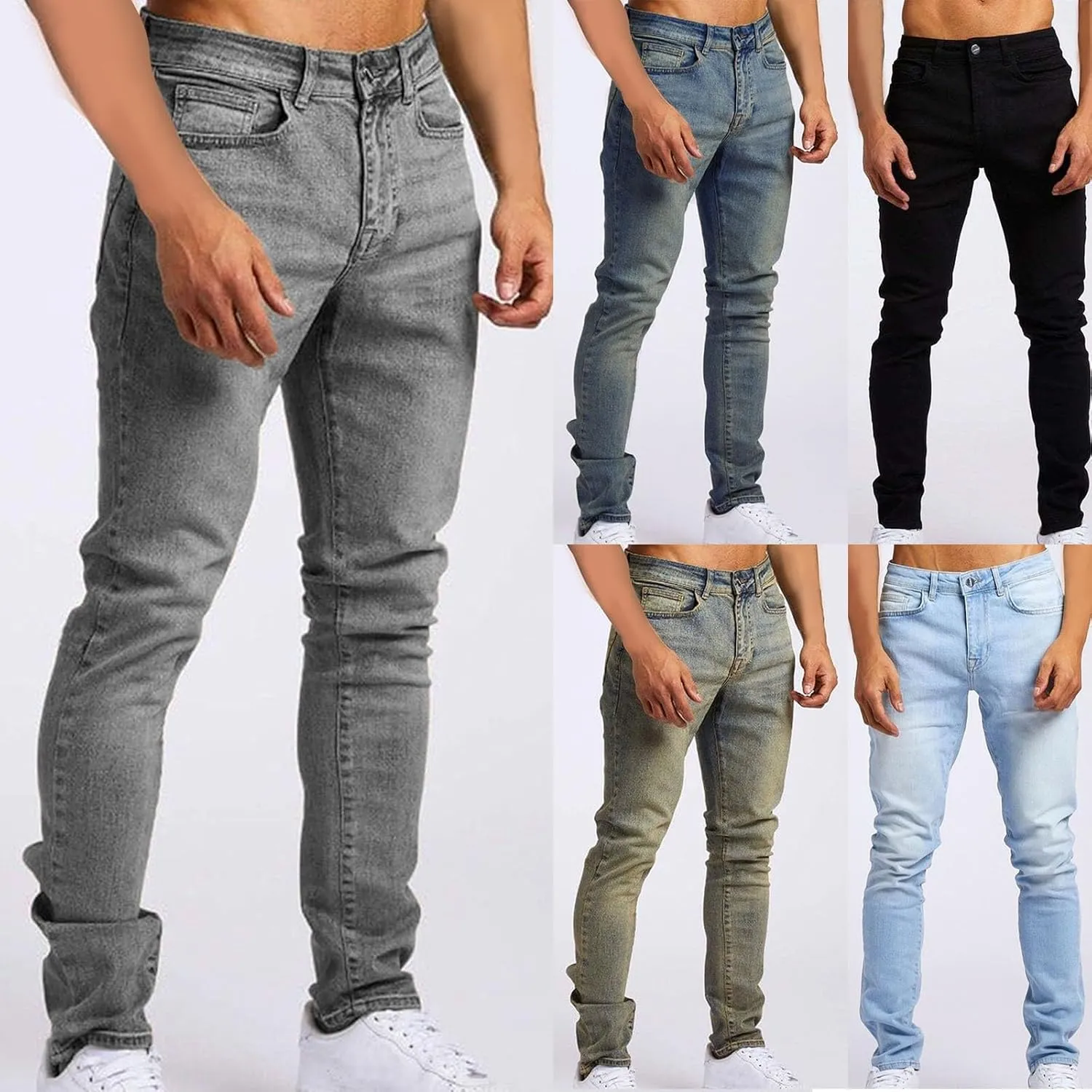 Mens Slim Fit Stretch Skinny Jeans Casual Jogger Pants Ripped Destroyed Stretchy Knee Holes Tapered Leg Denim Sweatpants