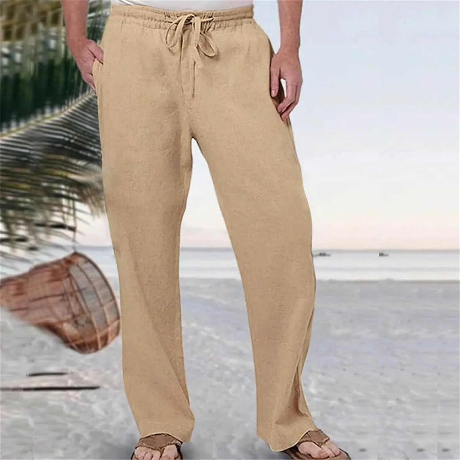 Men's Summer Linen Pants Baggy Straight Leg Trousers Plain Elastic Waist Trousers Casual Travel Pants with Pockets