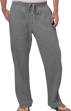 Men's Summer Linen Pants Baggy Straight Leg Trousers Plain Elastic Waist Trousers Casual Travel Pants with Pockets