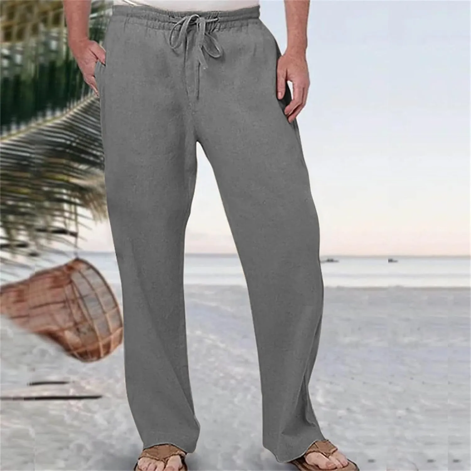 Men's Summer Linen Pants Baggy Straight Leg Trousers Plain Elastic Waist Trousers Casual Travel Pants with Pockets