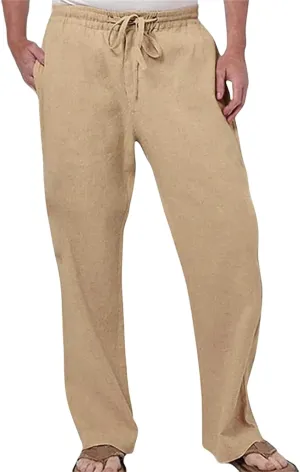 Men's Summer Linen Pants Baggy Straight Leg Trousers Plain Elastic Waist Trousers Casual Travel Pants with Pockets