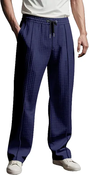 Men's Waffle Pants Textured Dress Slacks Summer Straight Leg Flat Front Sweatpants Drawstring Waist Loose Fit Trouser