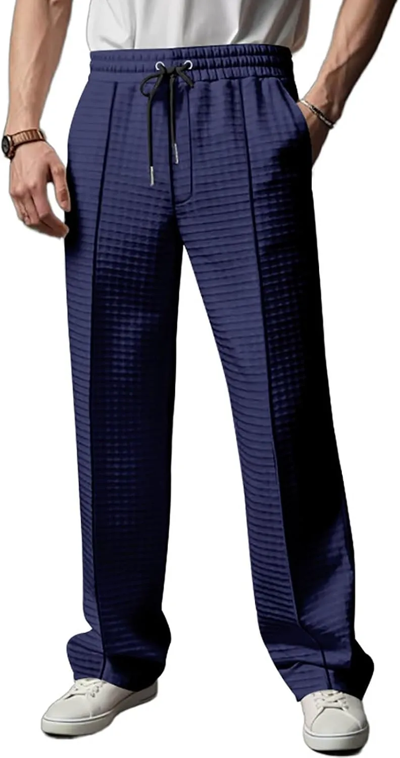 Men's Waffle Pants Textured Dress Slacks Summer Straight Leg Flat Front Sweatpants Drawstring Waist Loose Fit Trouser