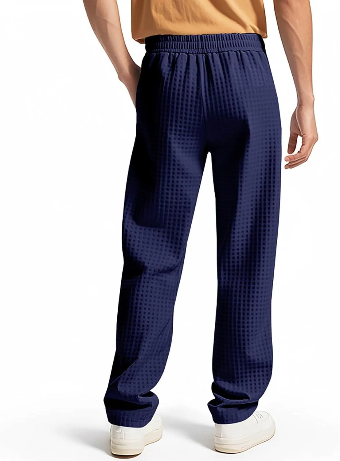 Men's Waffle Pants Textured Dress Slacks Summer Straight Leg Flat Front Sweatpants Drawstring Waist Loose Fit Trouser