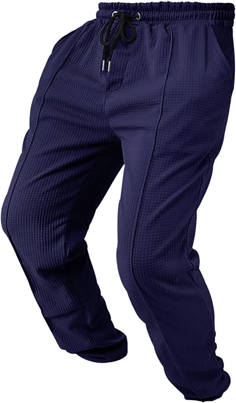 Men's Waffle Pants Textured Dress Slacks Summer Straight Leg Flat Front Sweatpants Drawstring Waist Loose Fit Trouser