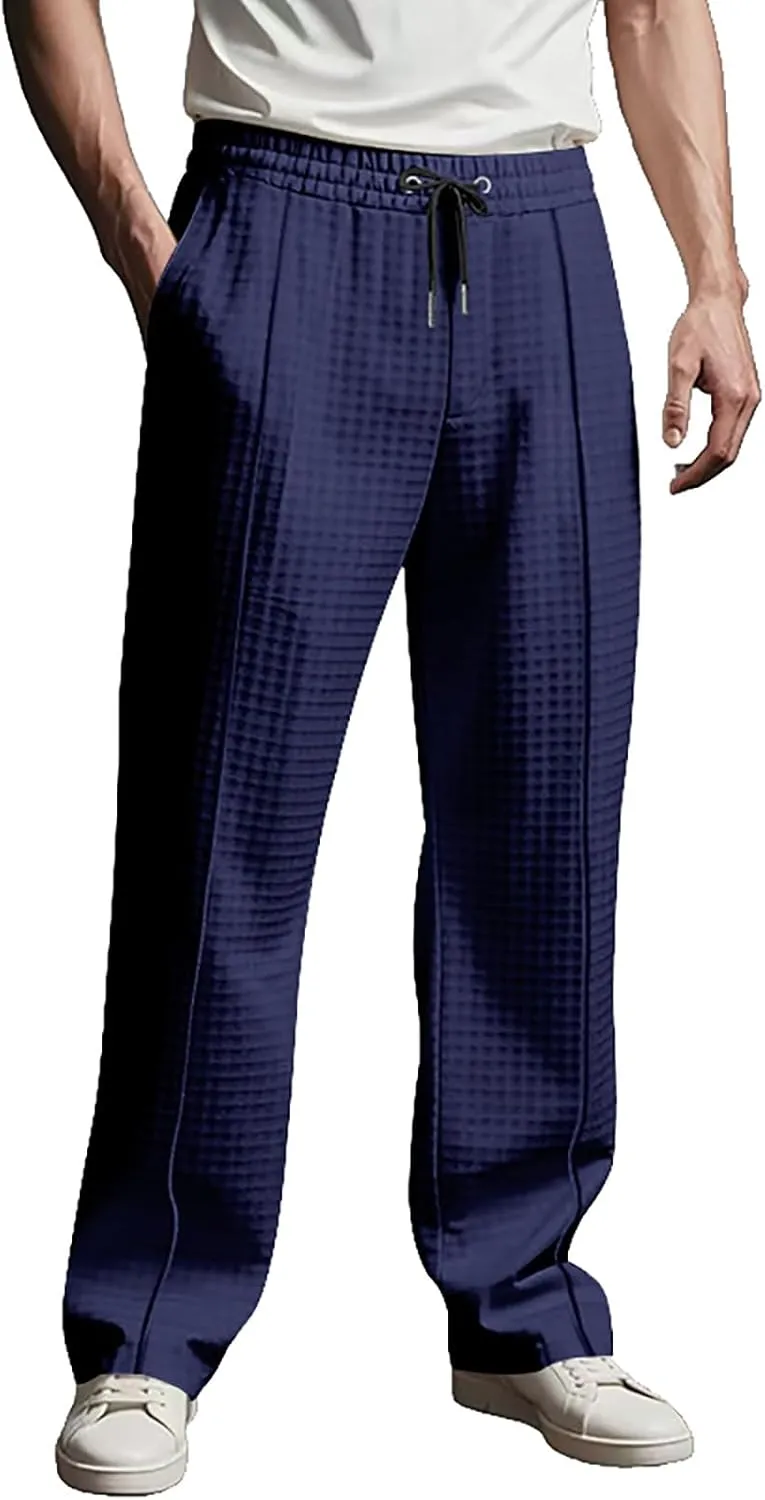 Men's Waffle Pants Textured Dress Slacks Summer Straight Leg Flat Front Sweatpants Drawstring Waist Loose Fit Trouser