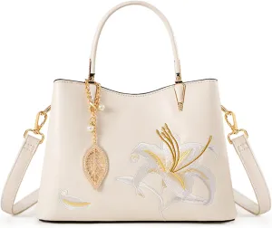 Messenger Shoulder Bag for Women PU Leather Flower Embroidery Satchel Tote Large Handbag Purse Elegant Crossbodybag86OWOISS