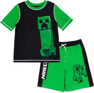 Minecraft Zombie Creeper Alex Steve Rash Guard and Swim Trunks Outfit Set Little Kid to Big Kid