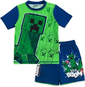 Minecraft Zombie Creeper Alex Steve Rash Guard and Swim Trunks Outfit Set Little Kid to Big Kid