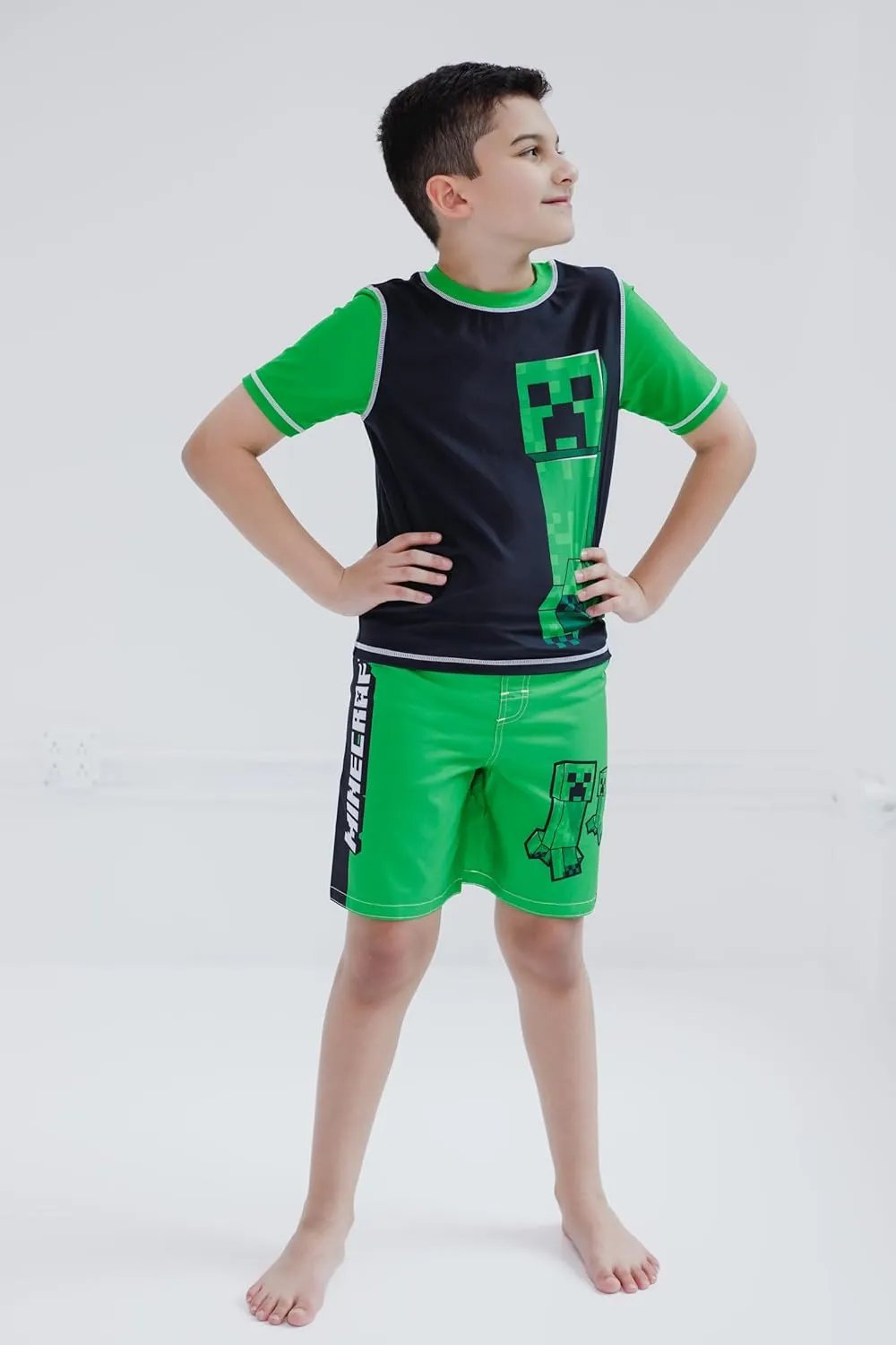 Minecraft Zombie Creeper Alex Steve Rash Guard and Swim Trunks Outfit Set Little Kid to Big Kid