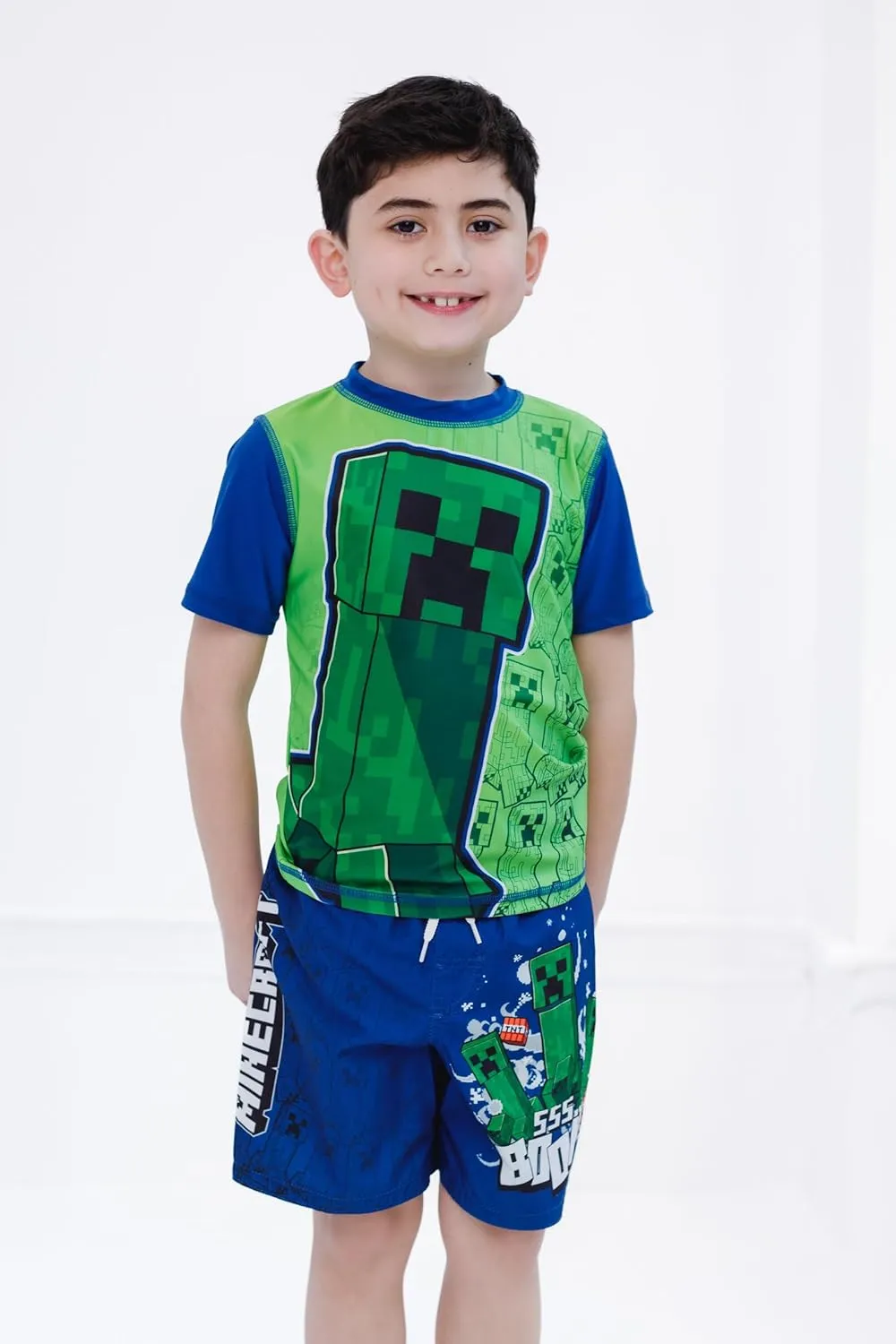 Minecraft Zombie Creeper Alex Steve Rash Guard and Swim Trunks Outfit Set Little Kid to Big Kid