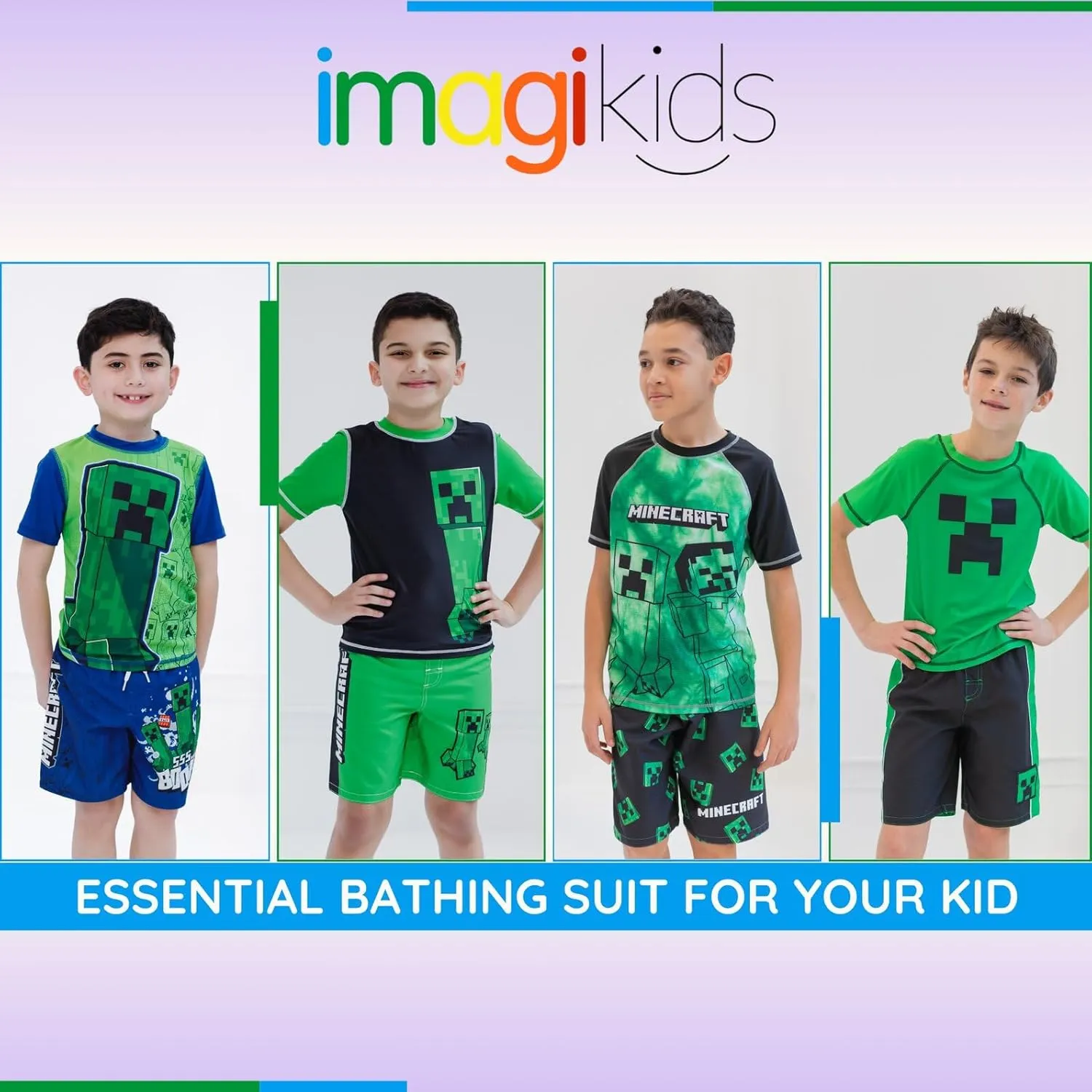 Minecraft Zombie Creeper Alex Steve Rash Guard and Swim Trunks Outfit Set Little Kid to Big Kid