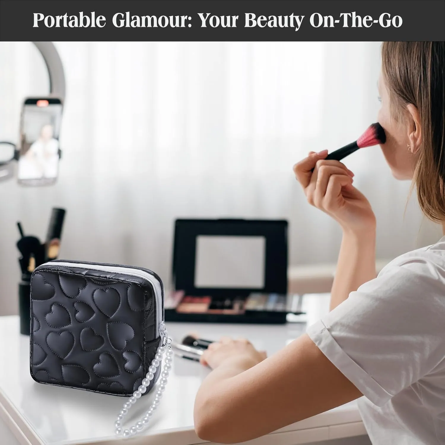 Mini Makeup Bag with Detachable Faux Pearl Chain: Cute & Compact Cosmetic Pouch for Purse, Multi-Functional Small Makeup Bag for Travel and Everyday Use-Black