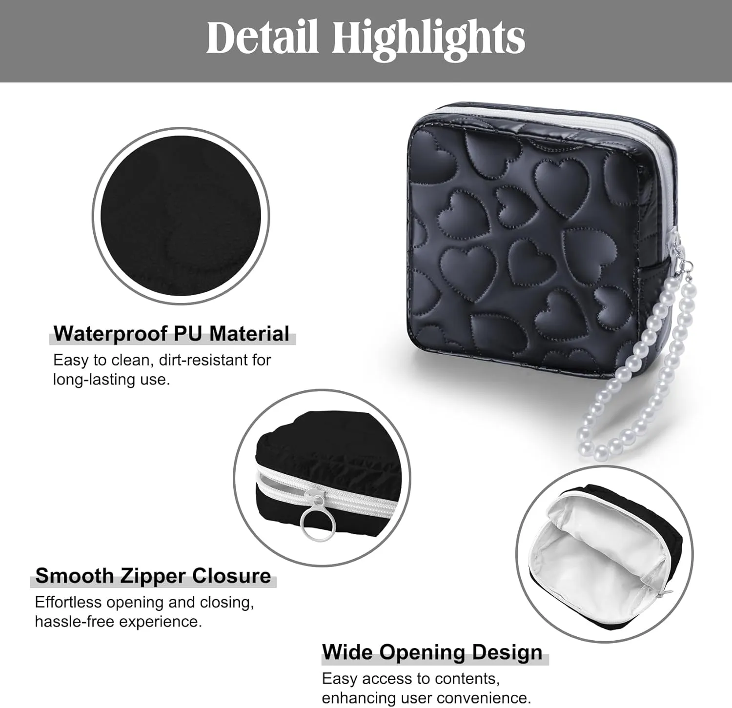 Mini Makeup Bag with Detachable Faux Pearl Chain: Cute & Compact Cosmetic Pouch for Purse, Multi-Functional Small Makeup Bag for Travel and Everyday Use-Black