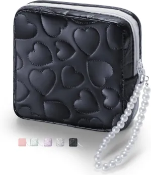 Mini Makeup Bag with Detachable Faux Pearl Chain: Cute & Compact Cosmetic Pouch for Purse, Multi-Functional Small Makeup Bag for Travel and Everyday Use-Black