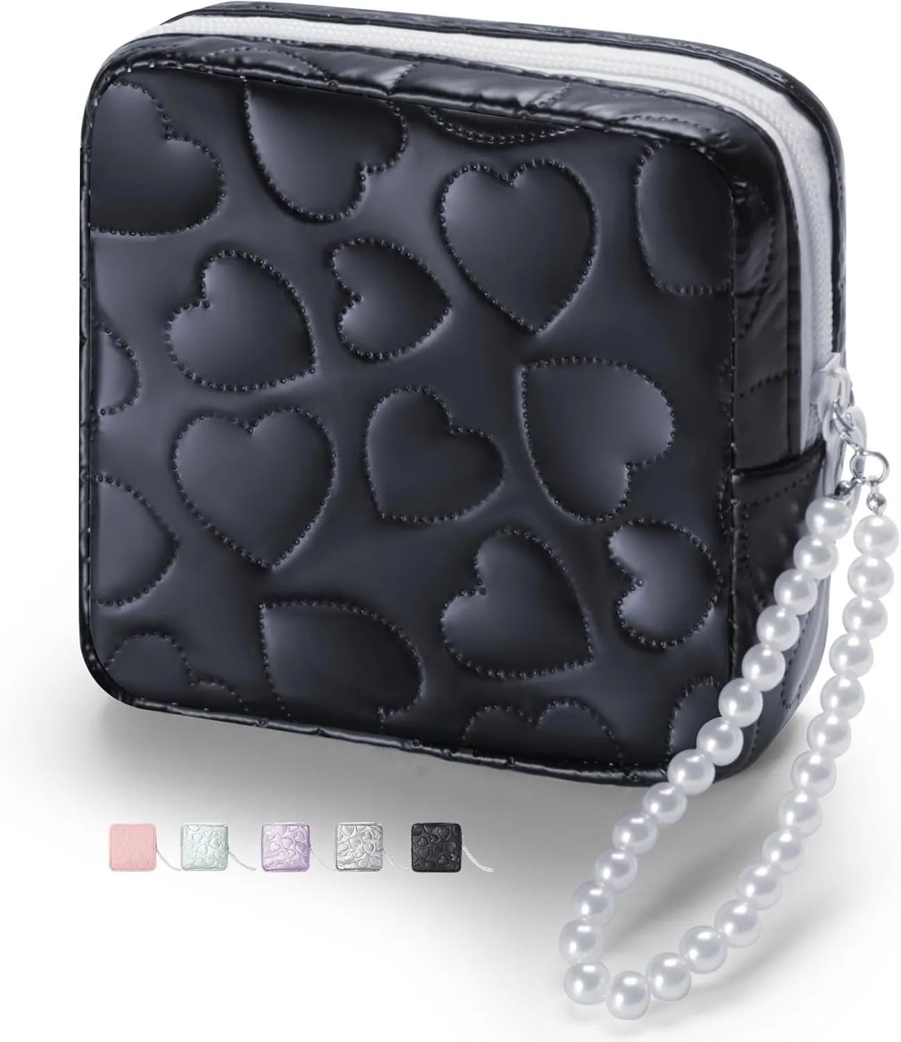 Mini Makeup Bag with Detachable Faux Pearl Chain: Cute & Compact Cosmetic Pouch for Purse, Multi-Functional Small Makeup Bag for Travel and Everyday Use-Black