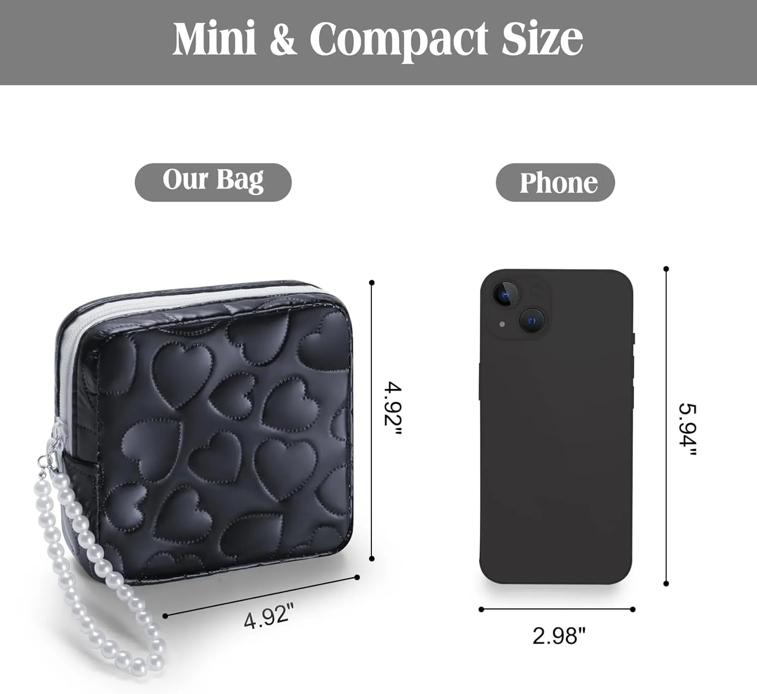 Mini Makeup Bag with Detachable Faux Pearl Chain: Cute & Compact Cosmetic Pouch for Purse, Multi-Functional Small Makeup Bag for Travel and Everyday Use-Black