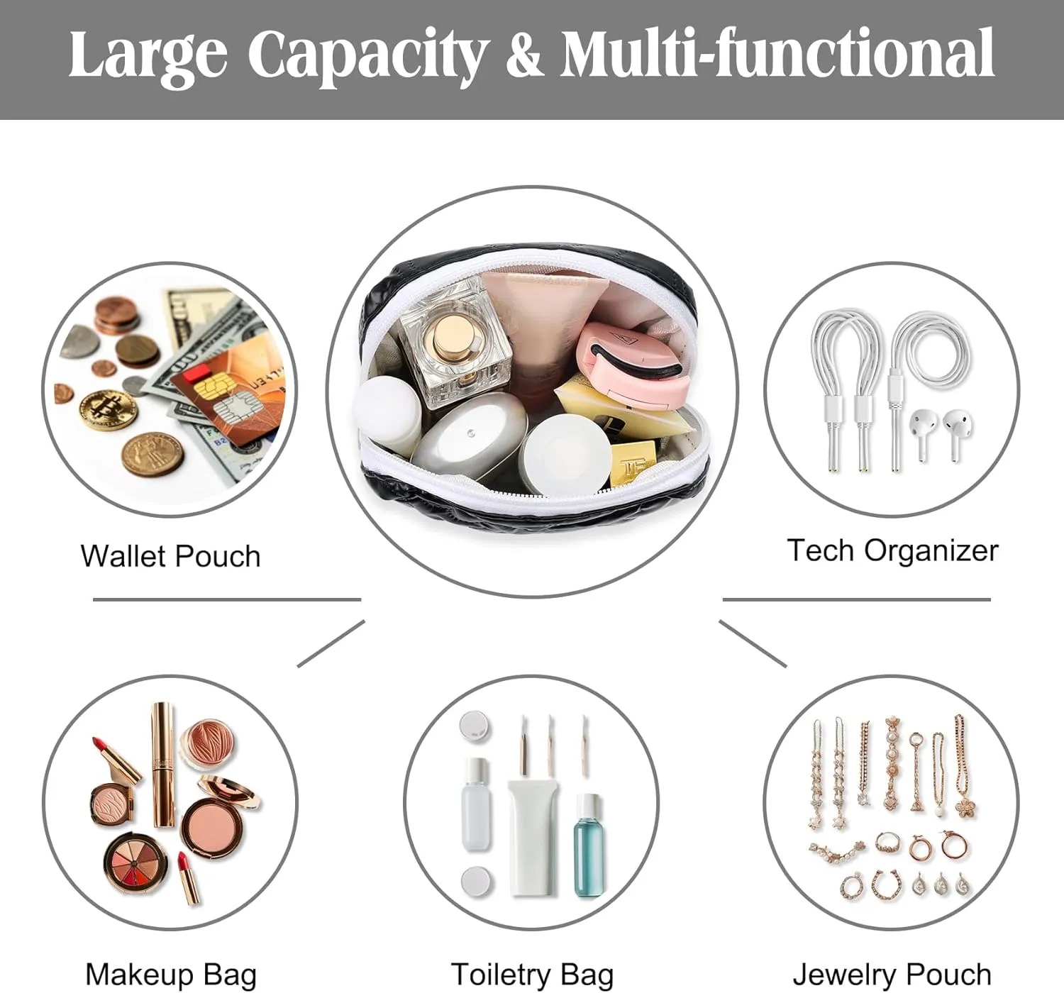 Mini Makeup Bag with Detachable Faux Pearl Chain: Cute & Compact Cosmetic Pouch for Purse, Multi-Functional Small Makeup Bag for Travel and Everyday Use-Black