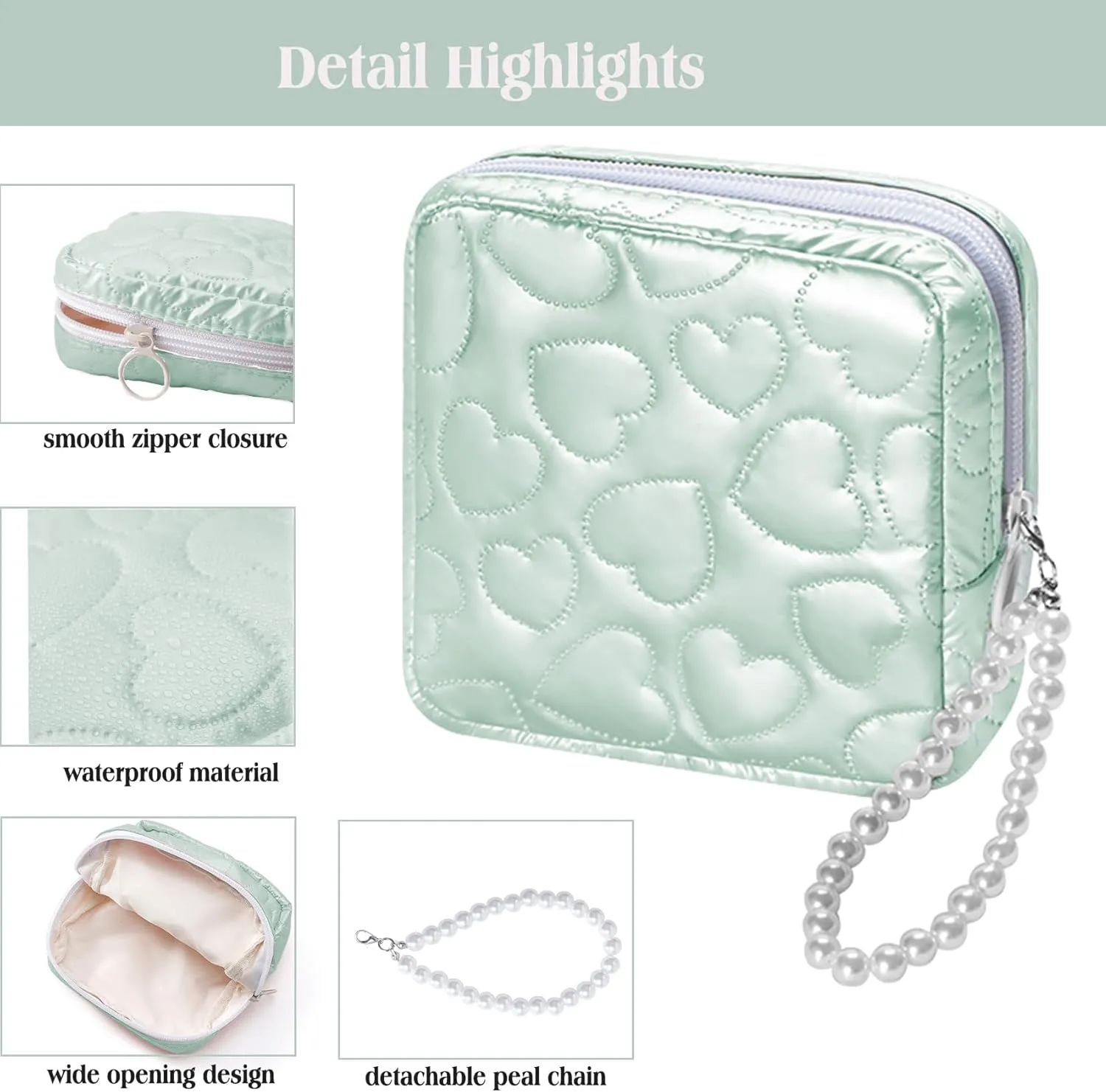 Mini Makeup Bag with Detachable Faux Pearl Chain: Cute & Compact Cosmetic Pouch for Purse, Multi-Functional Small Makeup Bag for Travel and Everyday Use-Mint