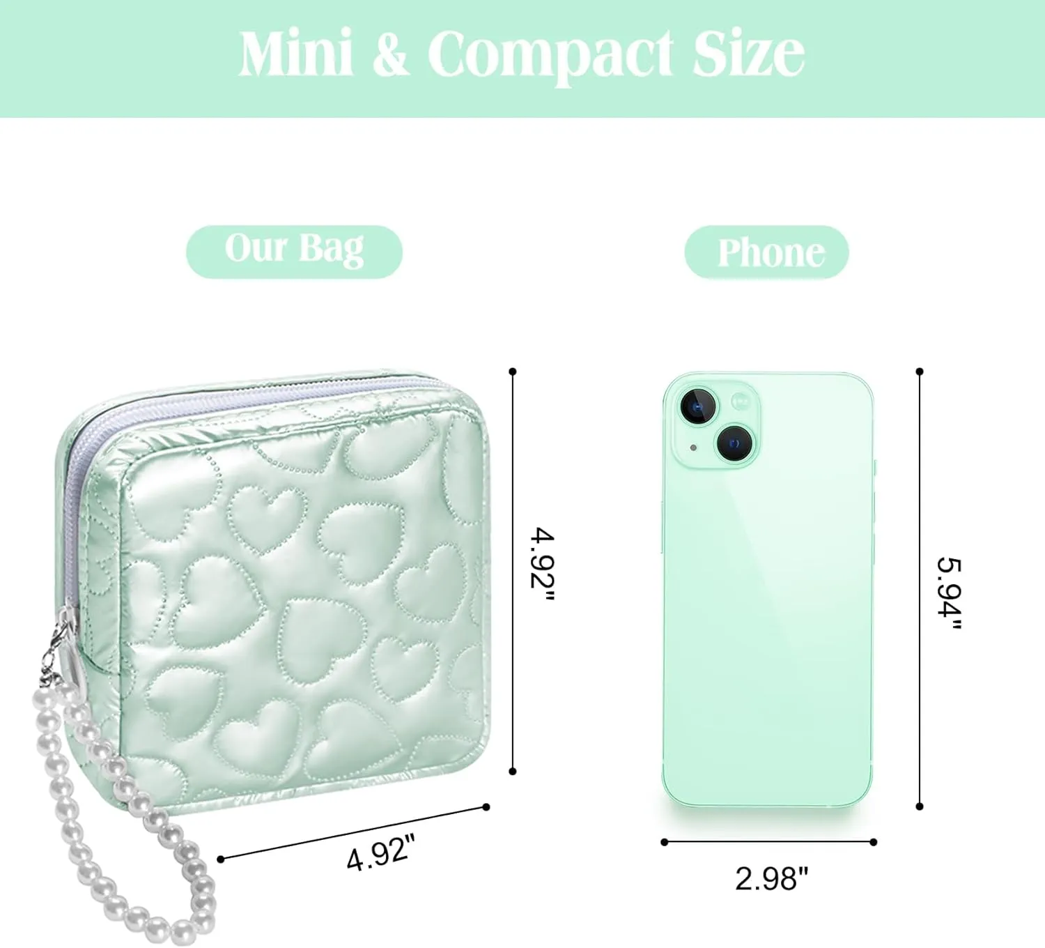 Mini Makeup Bag with Detachable Faux Pearl Chain: Cute & Compact Cosmetic Pouch for Purse, Multi-Functional Small Makeup Bag for Travel and Everyday Use-Mint