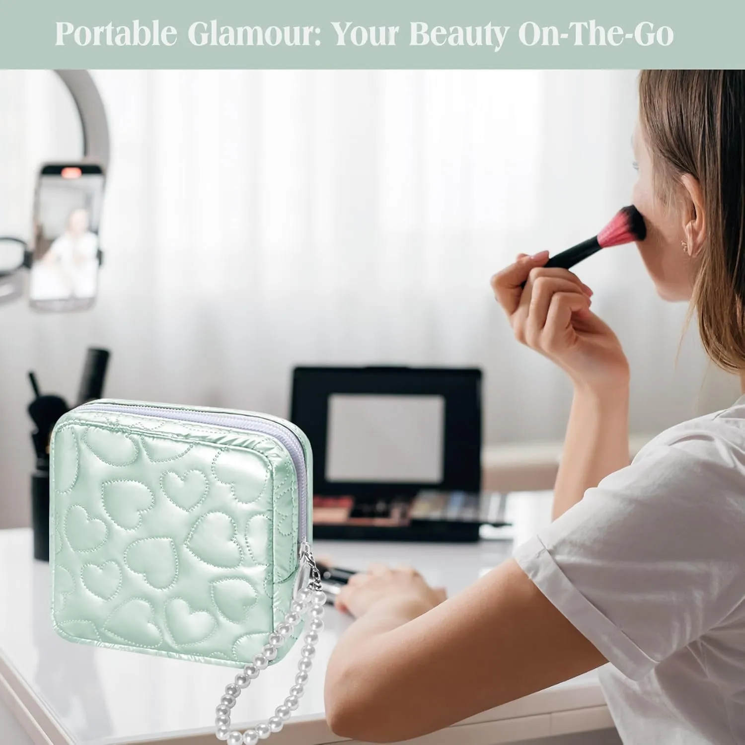 Mini Makeup Bag with Detachable Faux Pearl Chain: Cute & Compact Cosmetic Pouch for Purse, Multi-Functional Small Makeup Bag for Travel and Everyday Use-Mint
