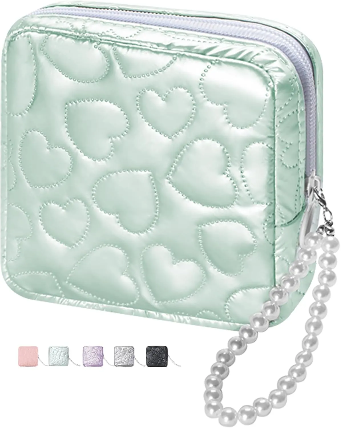 Mini Makeup Bag with Detachable Faux Pearl Chain: Cute & Compact Cosmetic Pouch for Purse, Multi-Functional Small Makeup Bag for Travel and Everyday Use-Mint