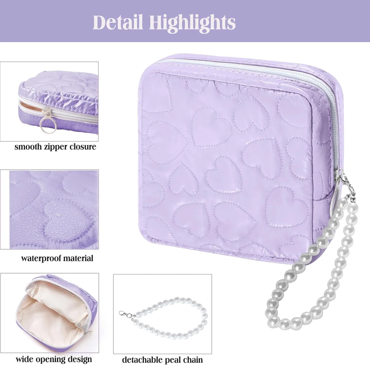 Mini Makeup Bag with Detachable Faux Pearl Chain: Cute & Compact Cosmetic Pouch for Purse, Multi-Functional Small Makeup Bag for Travel and Everyday Use-Purple