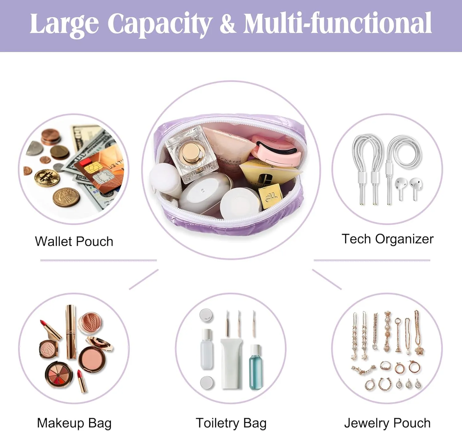 Mini Makeup Bag with Detachable Faux Pearl Chain: Cute & Compact Cosmetic Pouch for Purse, Multi-Functional Small Makeup Bag for Travel and Everyday Use-Purple
