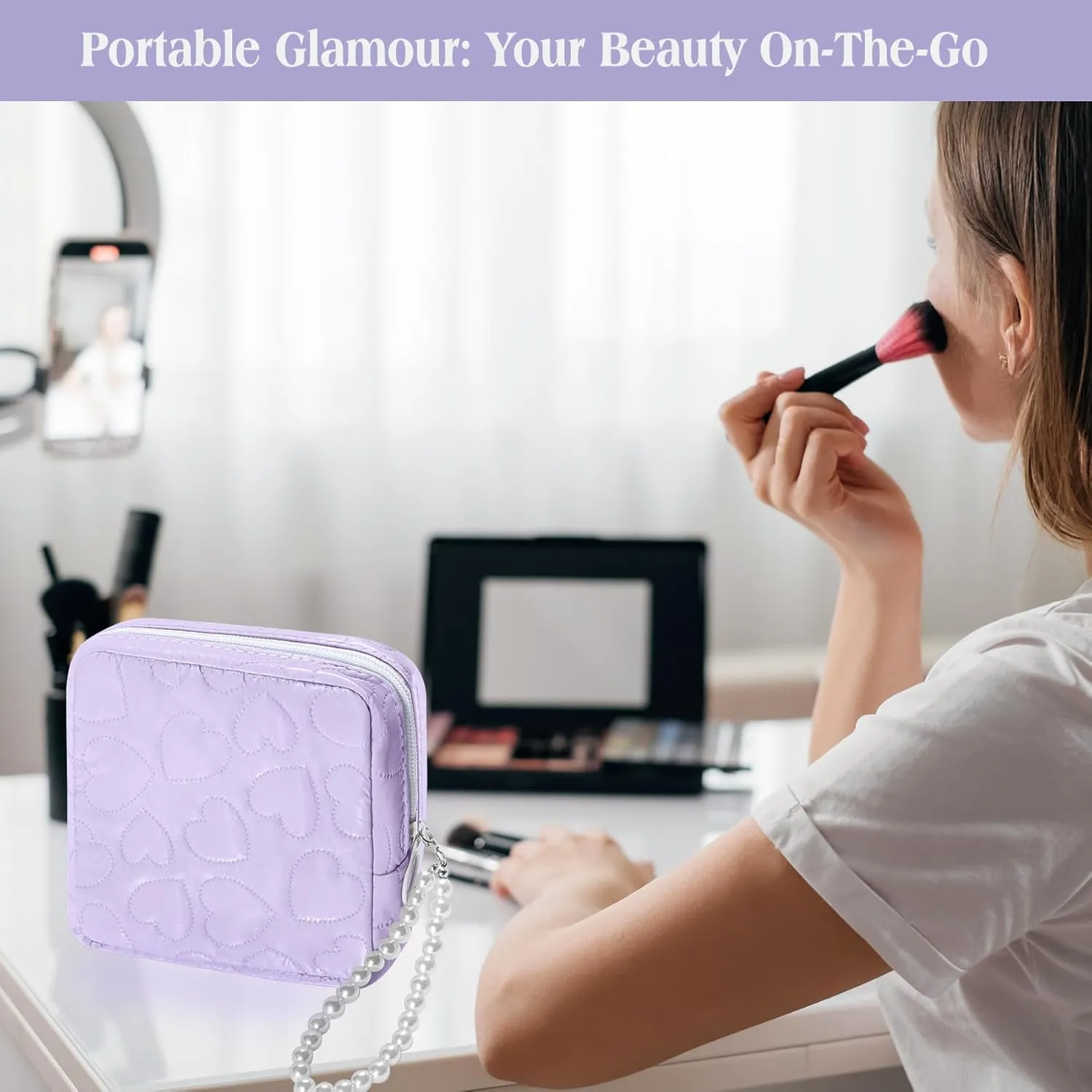 Mini Makeup Bag with Detachable Faux Pearl Chain: Cute & Compact Cosmetic Pouch for Purse, Multi-Functional Small Makeup Bag for Travel and Everyday Use-Purple