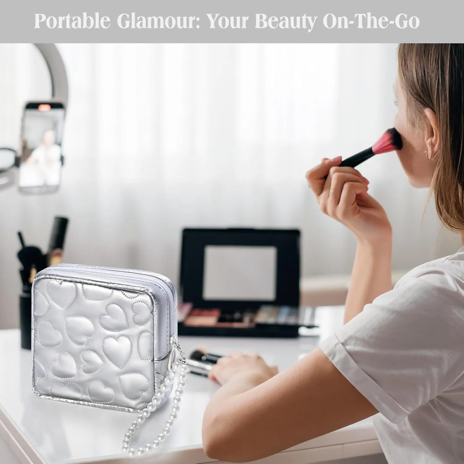 Mini Makeup Bag with Detachable Faux Pearl Chain: Cute & Compact Cosmetic Pouch for Purse, Multi-Functional Small Makeup Bag for Travel and Everyday Use-Silver