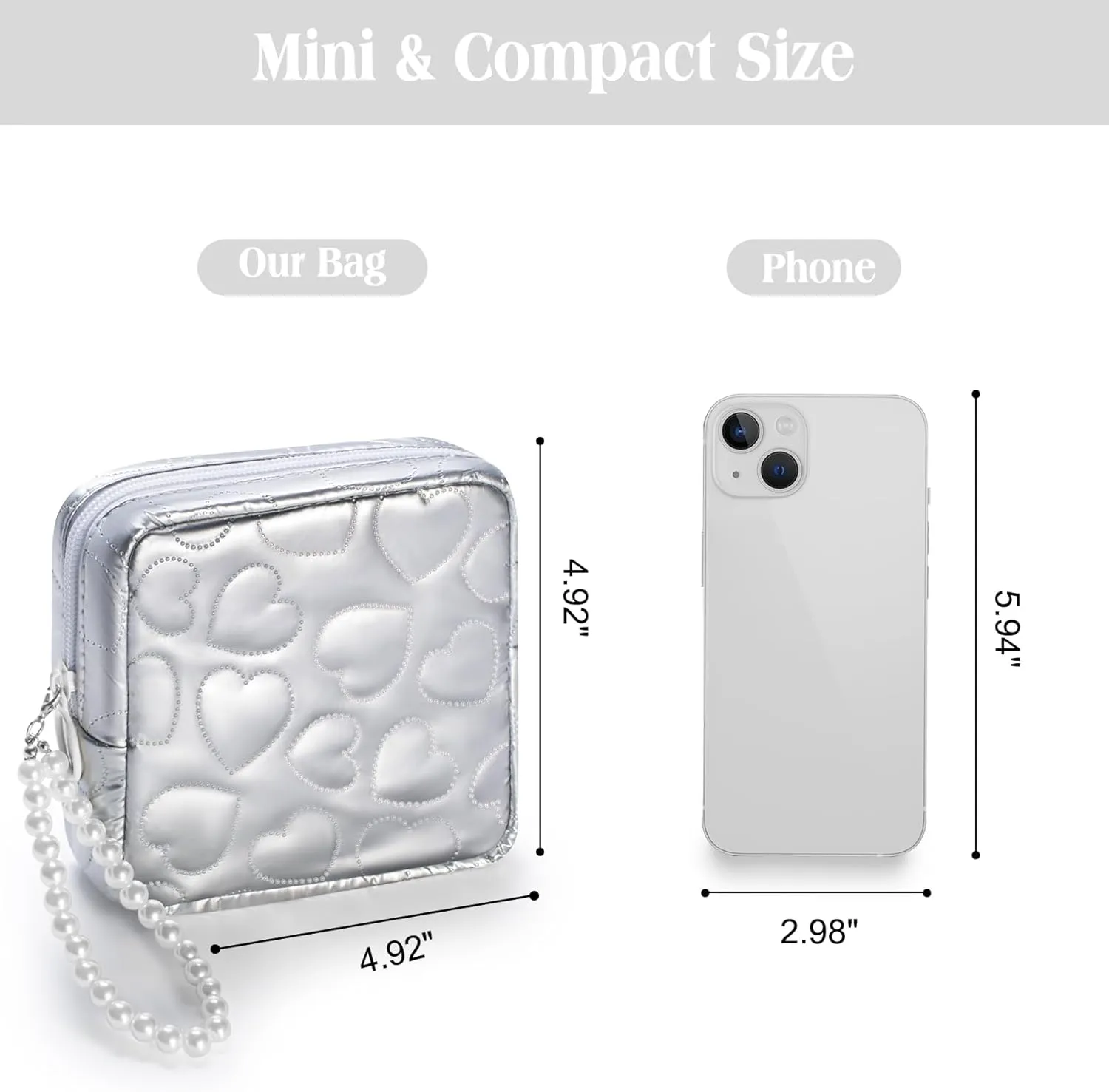 Mini Makeup Bag with Detachable Faux Pearl Chain: Cute & Compact Cosmetic Pouch for Purse, Multi-Functional Small Makeup Bag for Travel and Everyday Use-Silver