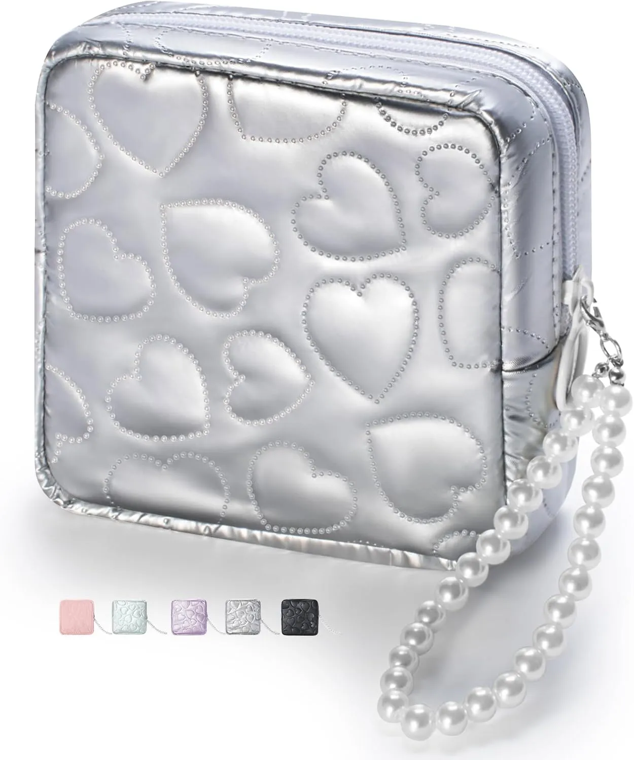 Mini Makeup Bag with Detachable Faux Pearl Chain: Cute & Compact Cosmetic Pouch for Purse, Multi-Functional Small Makeup Bag for Travel and Everyday Use-Silver