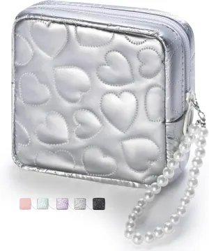 Mini Makeup Bag with Detachable Faux Pearl Chain: Cute & Compact Cosmetic Pouch for Purse, Multi-Functional Small Makeup Bag for Travel and Everyday Use-Silver