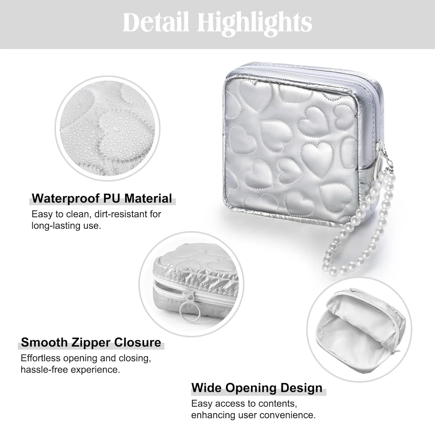 Mini Makeup Bag with Detachable Faux Pearl Chain: Cute & Compact Cosmetic Pouch for Purse, Multi-Functional Small Makeup Bag for Travel and Everyday Use-Silver