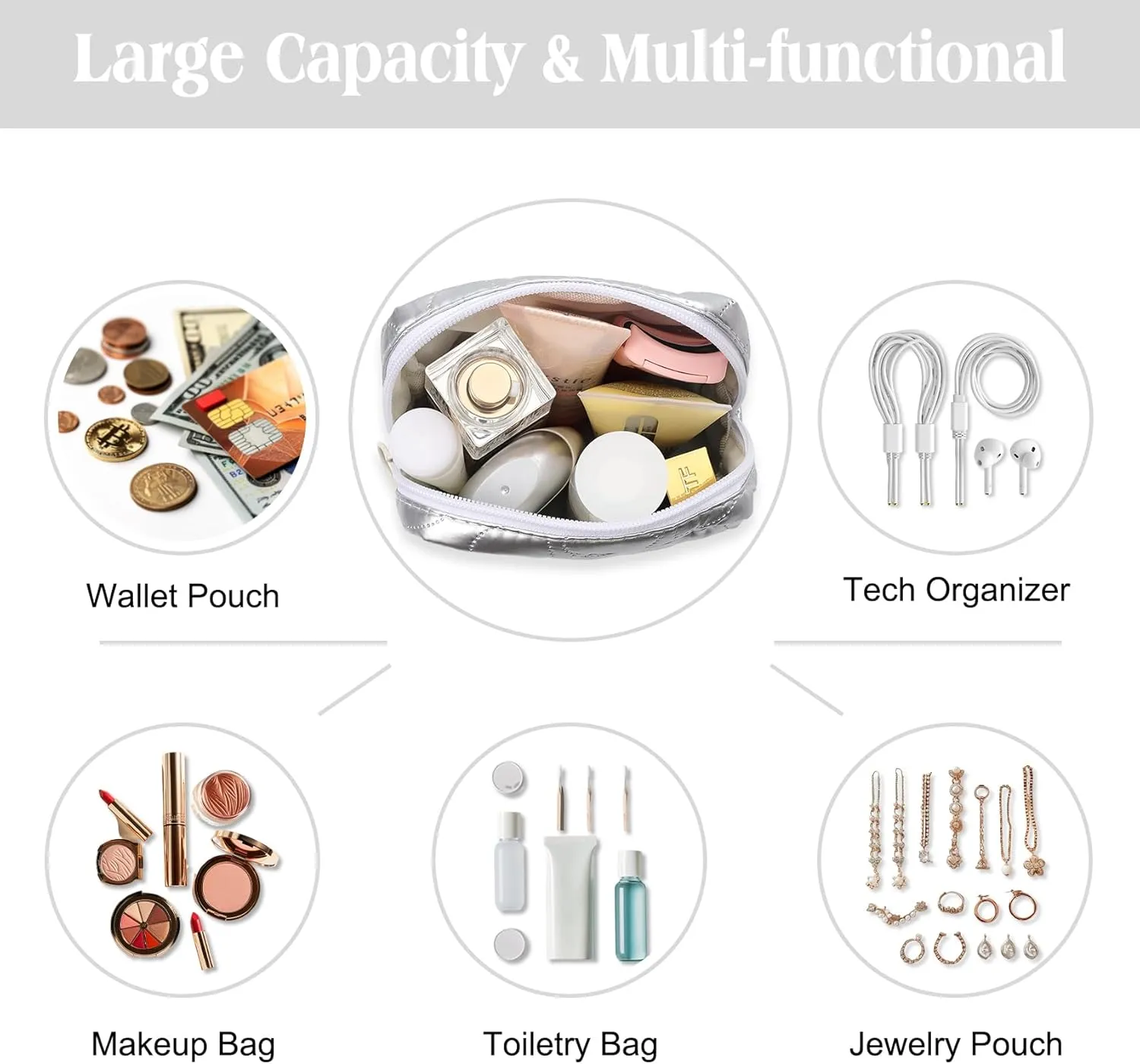 Mini Makeup Bag with Detachable Faux Pearl Chain: Cute & Compact Cosmetic Pouch for Purse, Multi-Functional Small Makeup Bag for Travel and Everyday Use-Silver