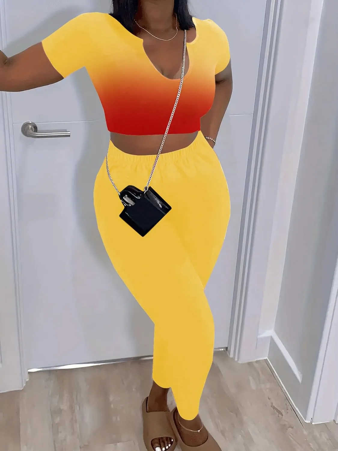 Nimsruc 2 Piece Sets For Women Sexy Casual Workout Crop Short Sleeve Long pants Leggings Sets Summer Active Wear