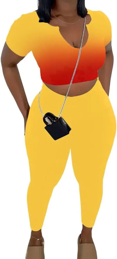 Nimsruc 2 Piece Sets For Women Sexy Casual Workout Crop Short Sleeve Long pants Leggings Sets Summer Active Wear