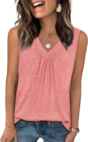 OFEEFAN Tank Top for Women Loose Fit Sleeveless Shirts V Neck Summer Clothes Ruched Women's Tees and Tanks Curved Hem