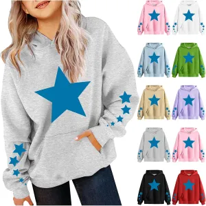 Oversized Hoodies For Boys And Girls Unisex Toddler Star Print Pullover Tops Casual Fleece Hooded Sweatshirt 4-13T
