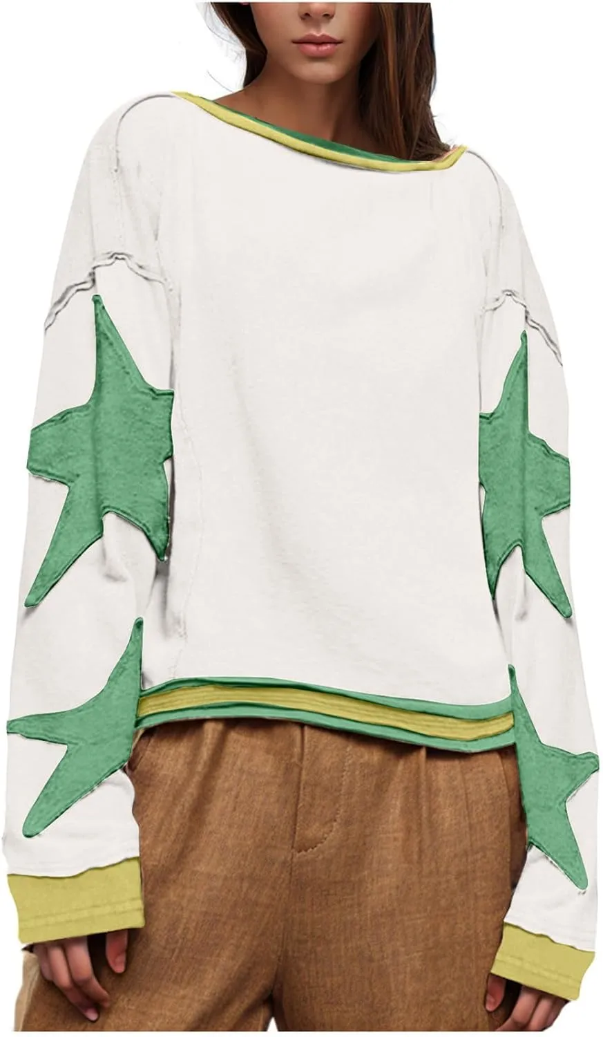 Oversized Star Graphic Sweatshirts for Women Crewneck Long Sleeve Casual Sweater Pullover Tops Drop Shoulder Shirt