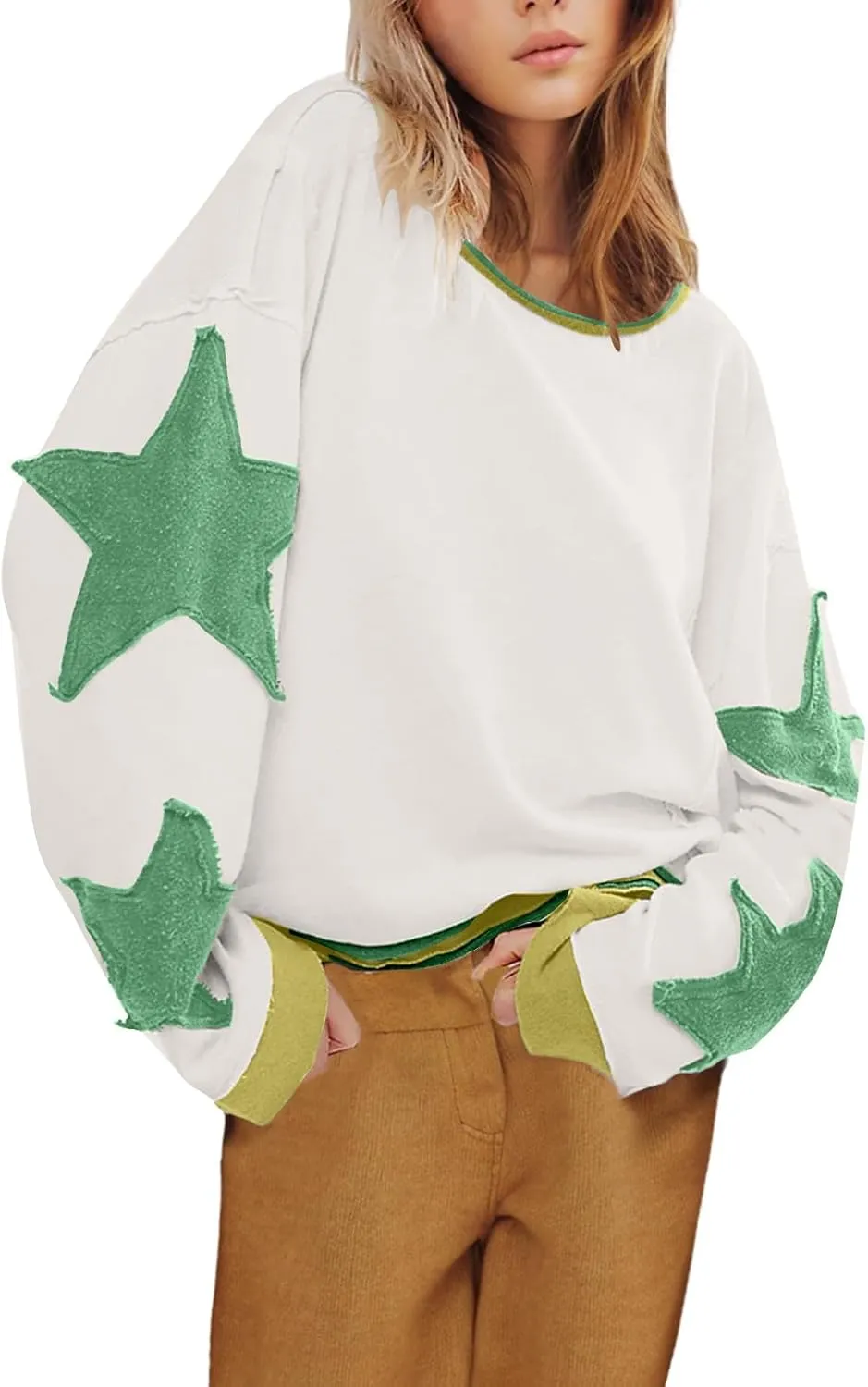 Oversized Star Graphic Sweatshirts for Women Crewneck Long Sleeve Casual Sweater Pullover Tops Drop Shoulder Shirt