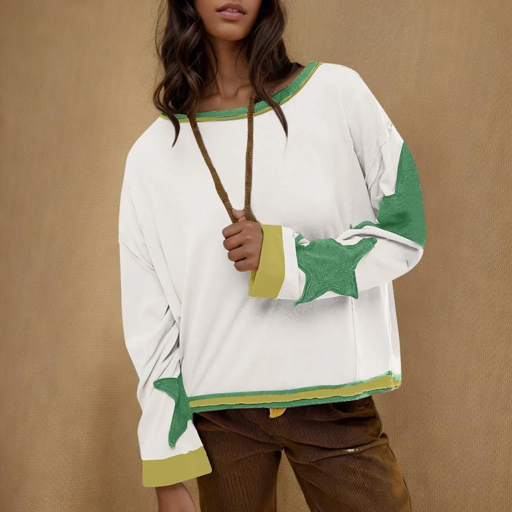Oversized Star Graphic Sweatshirts for Women Crewneck Long Sleeve Casual Sweater Pullover Tops Drop Shoulder Shirt