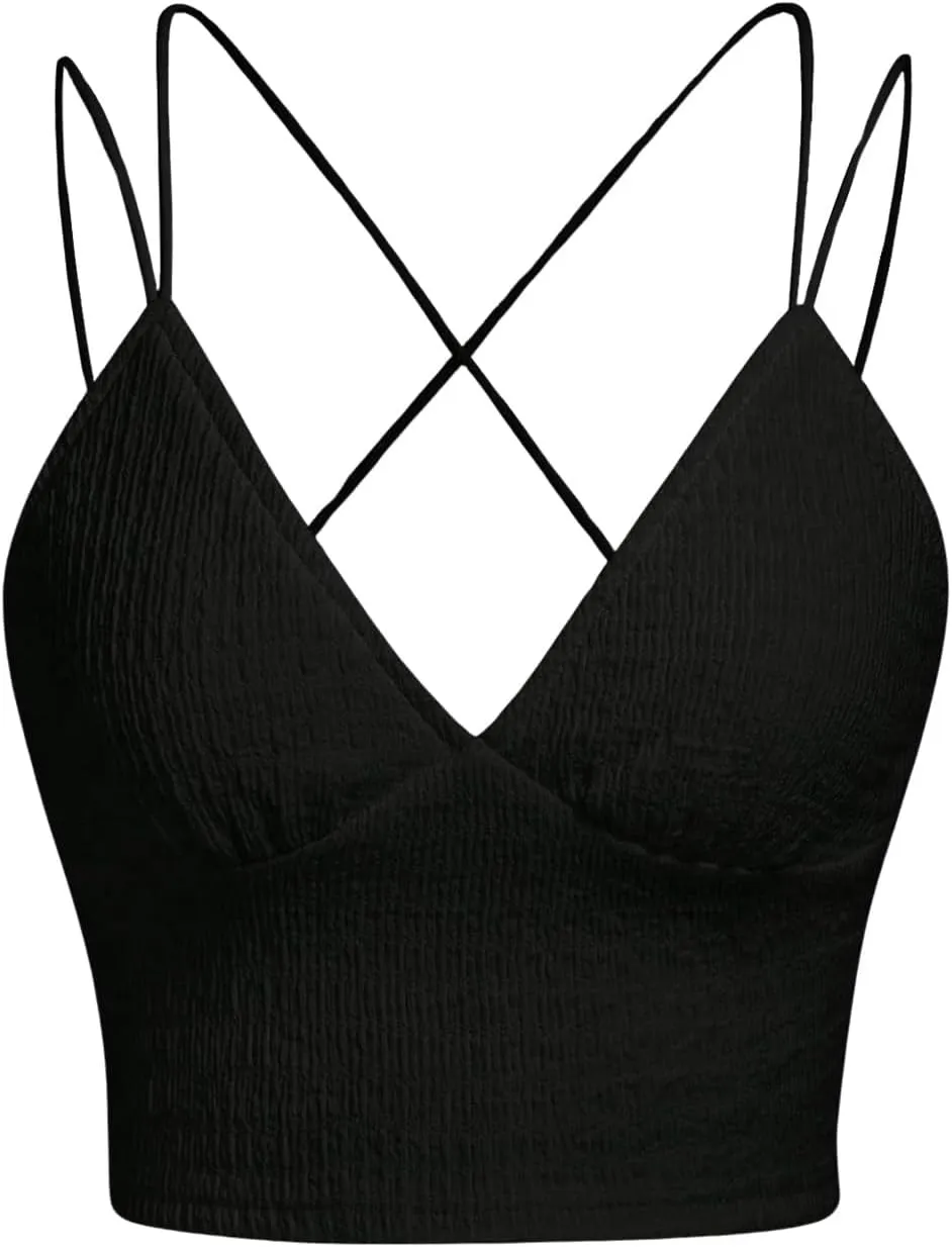 OYOANGLE Women's Criss Cross Back Cami Top Spaghetti Straps V Neck Textured Camisoles