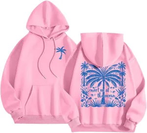Palm Puff Hoodies Meet Me at The Ocean Graphic Hoodie For Women Long Sleeve Preppy Sweatshirts Oversized Pullover