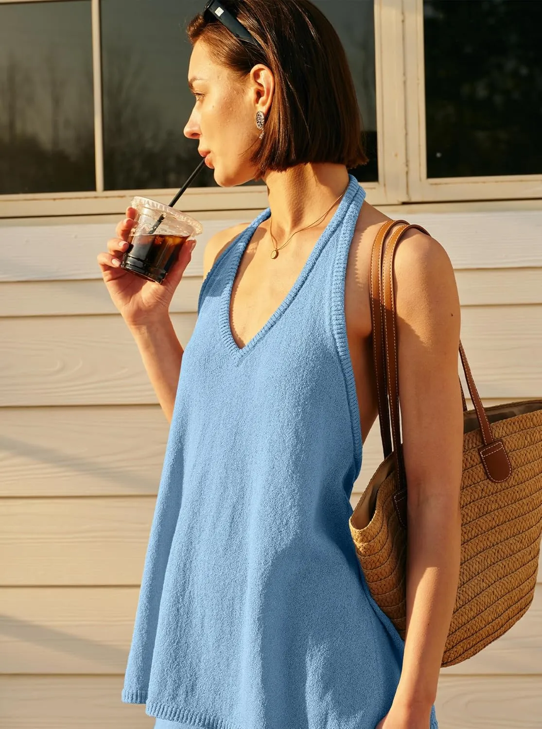 Panadila Womens Summer Two Piece Sets Beach Vacation Outfits Halter Neck Tank Top and Shorts Set Knit Lounge Clothes